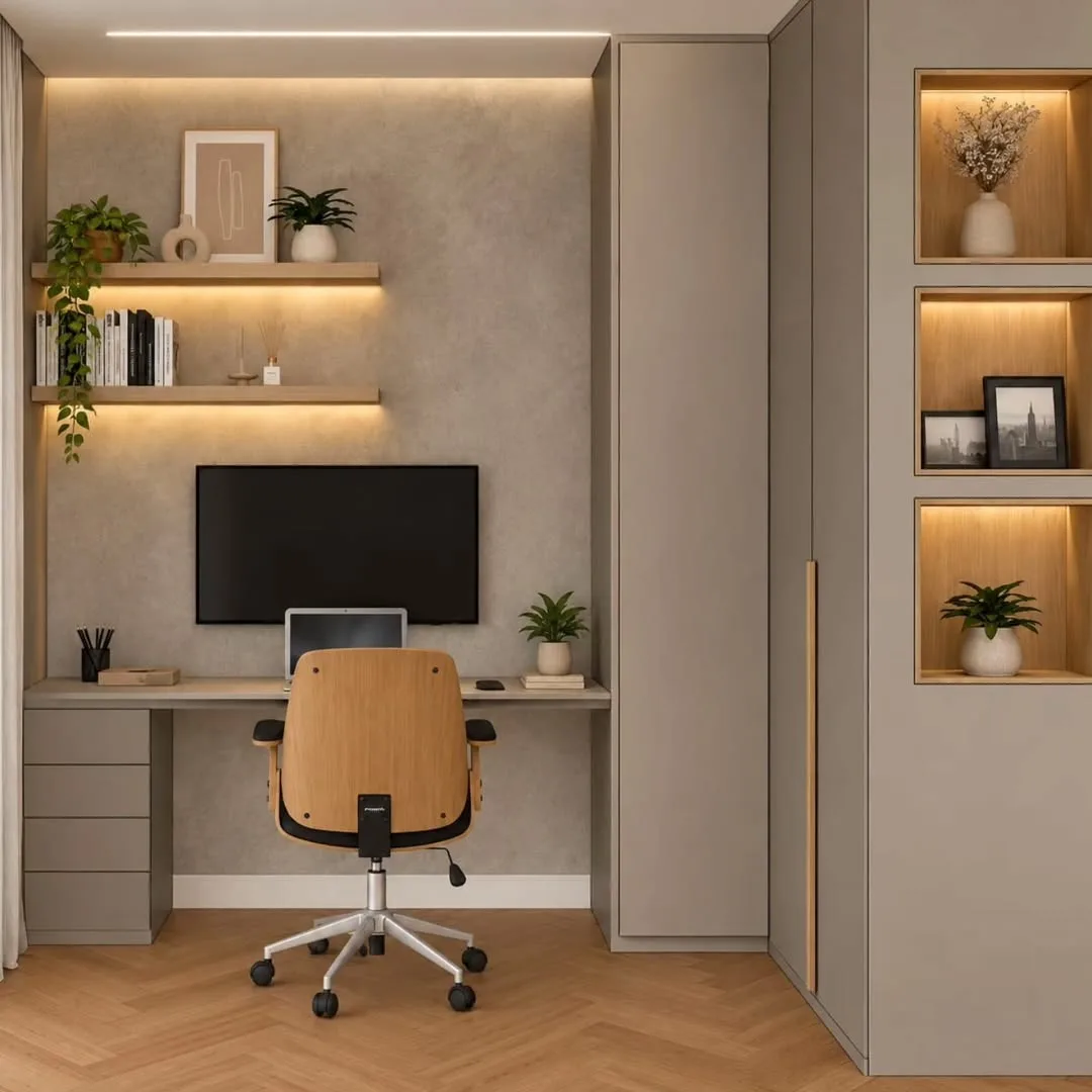 Cantinho de home office no quarto com nichos iluminados