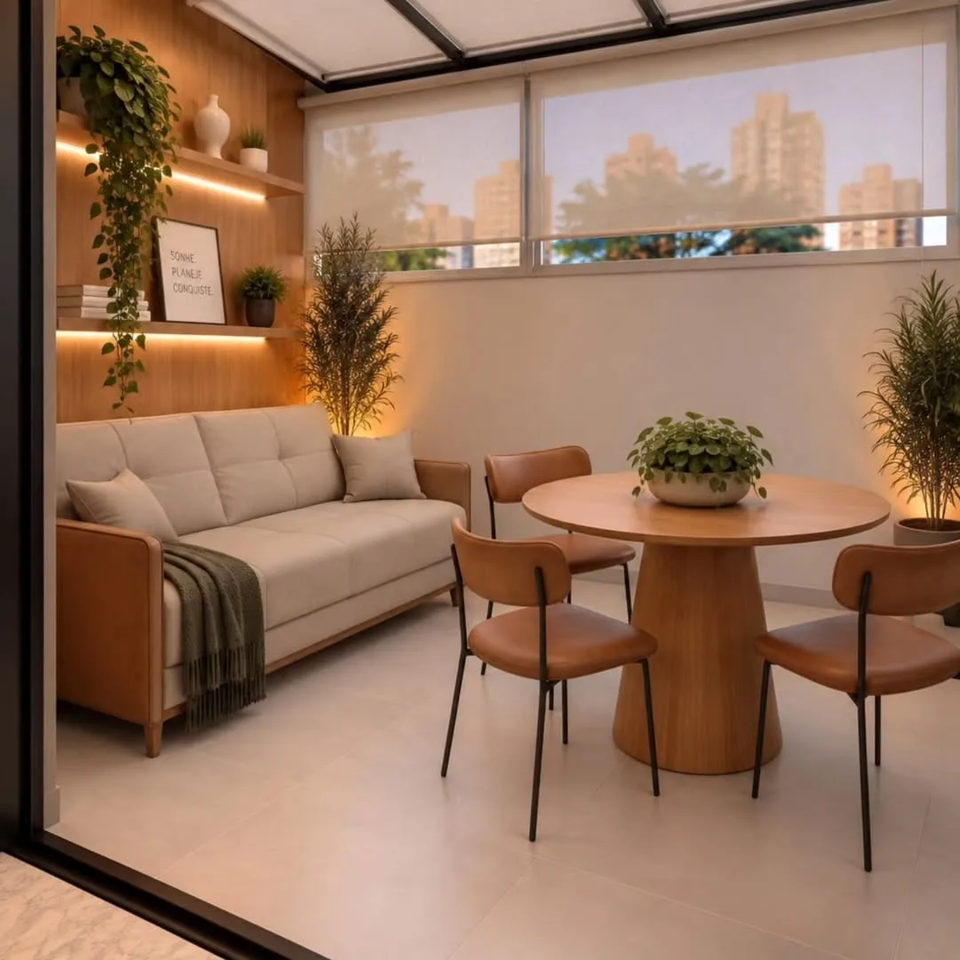Sala de garden com sofá caramelo, mesa redonda e plantas